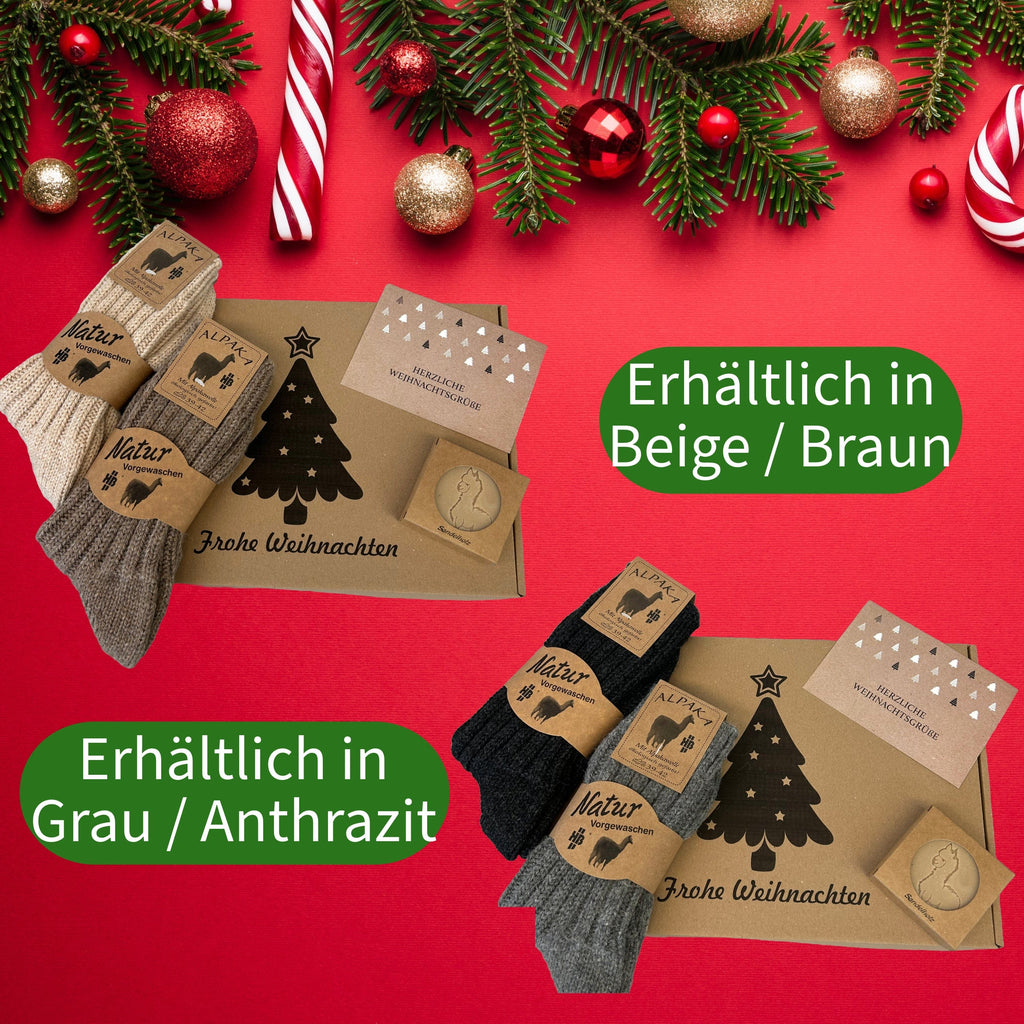 KB Socken Geschenkbox Weihnachtliche Geschenkbox inklusive 2 Paar Alpakasocken, einer Alpakakeratinseife und einer Weihnachtskarte