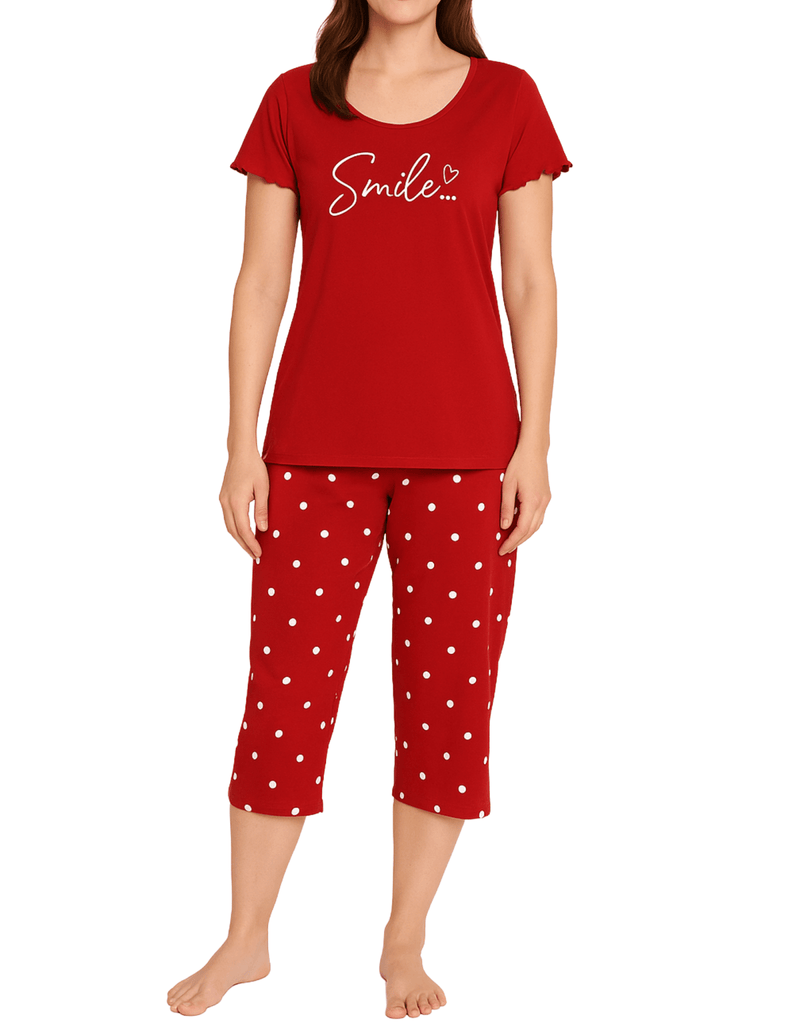 Damen Pyjama Set – Roter 2 - teilig Schlafanzug mit Print & 3/4 Hose - KB Socken