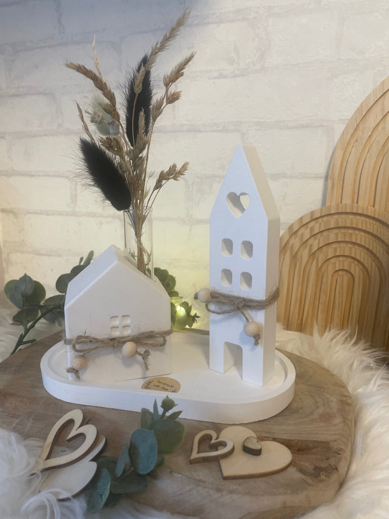 Deko Häuser - Set aus Keraflott mit Trockenblumen – Skandi Stil Handarbeit - KB Socken