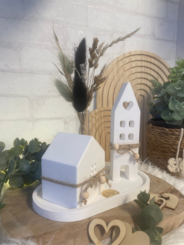 Deko Häuser - Set aus Keraflott mit Trockenblumen – Skandi Stil Handarbeit - KB Socken