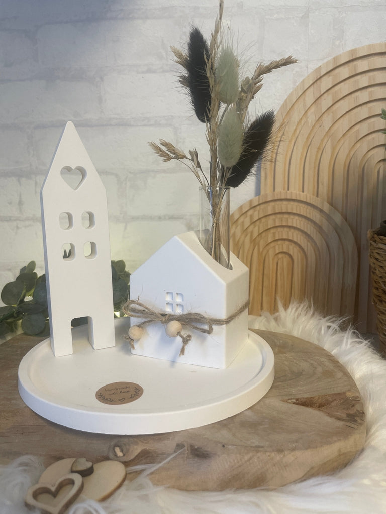 Deko Häuser - Set aus Keraflott mit Trockenblumen – Skandi Stil Handarbeit - KB Socken