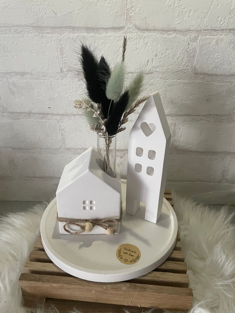 Deko Häuser - Set aus Keraflott mit Trockenblumen – Skandi Stil Handarbeit - KB Socken