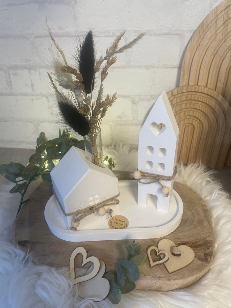 Deko Häuser - Set aus Keraflott mit Trockenblumen – Skandi Stil Handarbeit - KB Socken