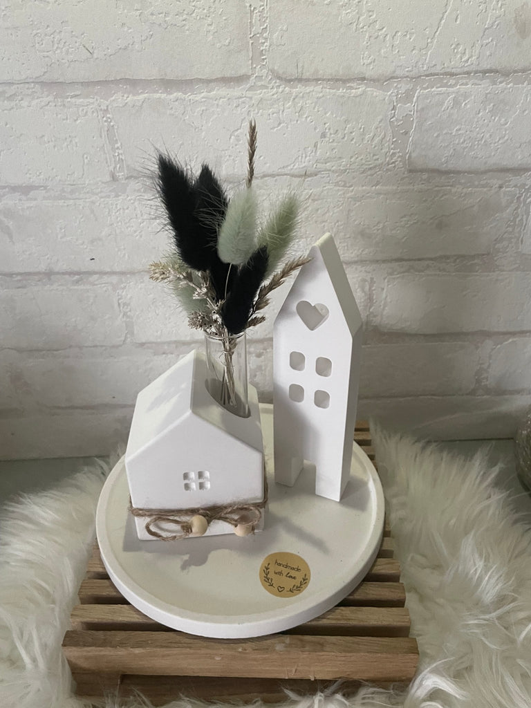 Deko Häuser - Set aus Keraflott mit Trockenblumen – Skandi Stil Handarbeit - KB Socken