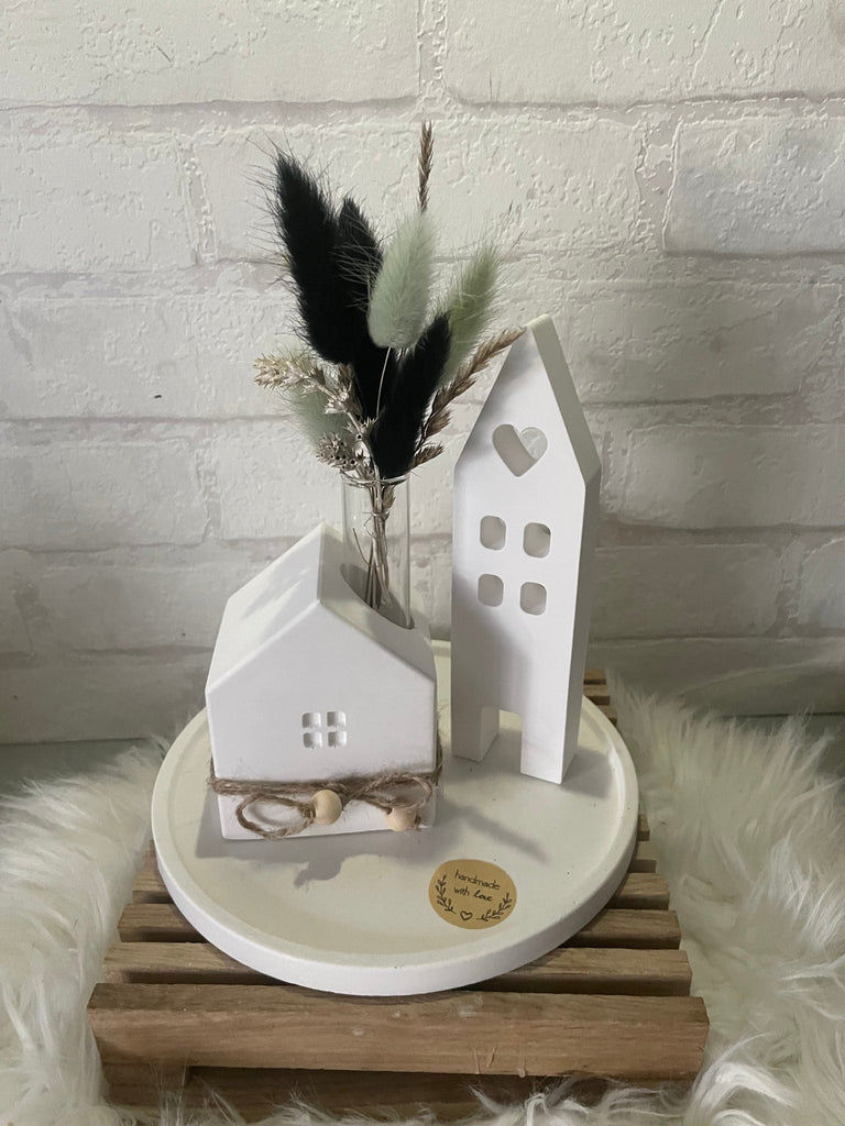 Deko Häuser - Set aus Keraflott mit Trockenblumen – Skandi Stil Handarbeit - KB Socken