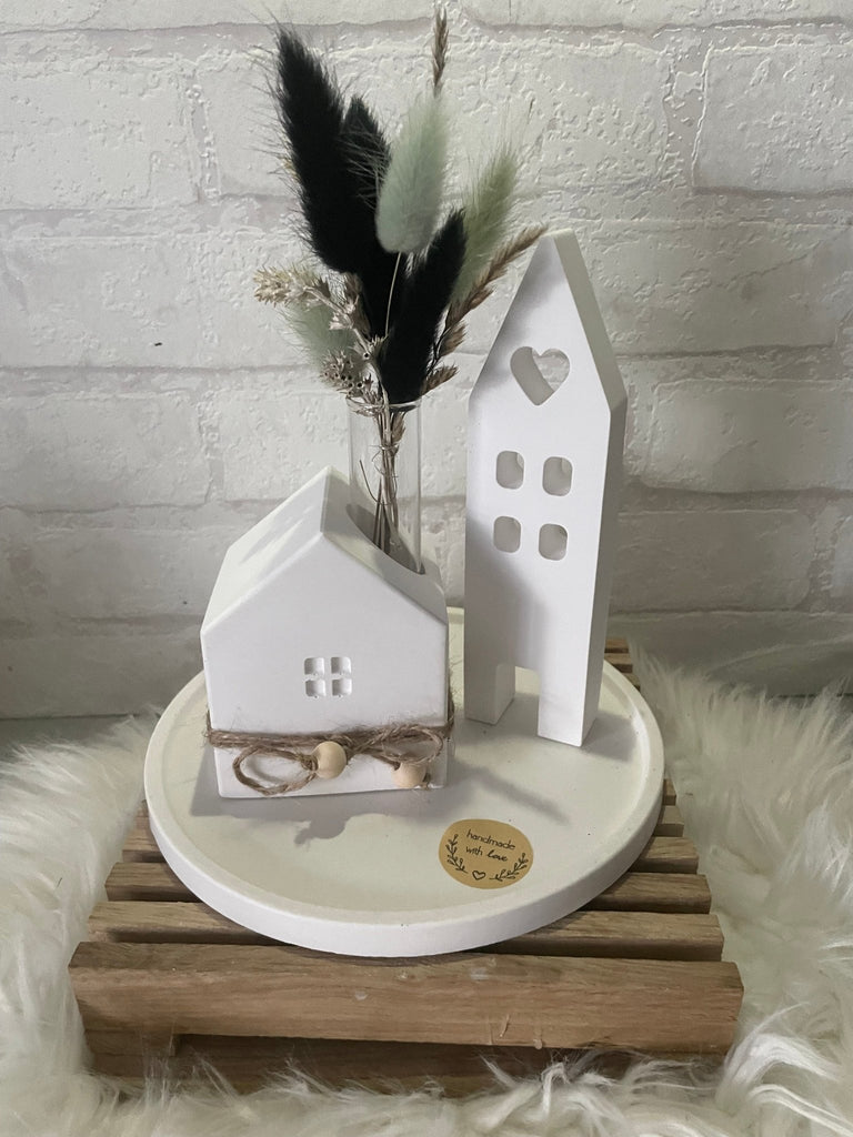 Deko Häuser - Set aus Keraflott mit Trockenblumen – Skandi Stil Handarbeit - KB Socken