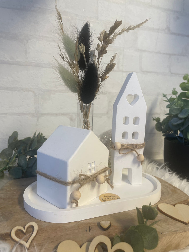 Deko Häuser - Set aus Keraflott mit Trockenblumen – Skandi Stil Handarbeit - KB Socken