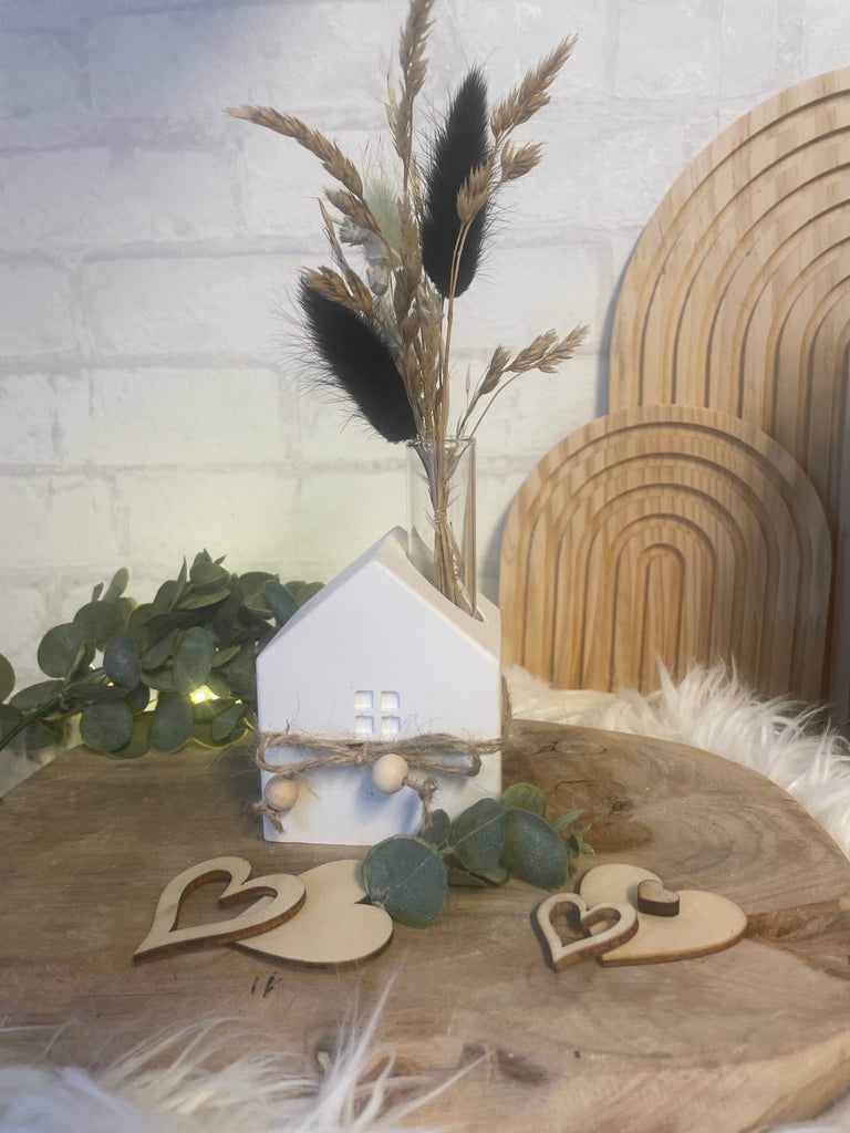 Deko Häuser - Set aus Keraflott mit Trockenblumen – Skandi Stil Handarbeit - KB Socken