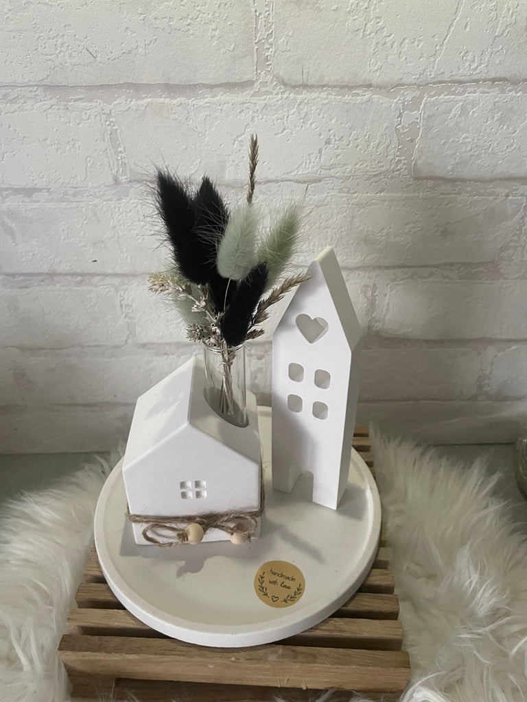 Deko Häuser - Set aus Keraflott mit Trockenblumen – Skandi Stil Handarbeit - KB Socken
