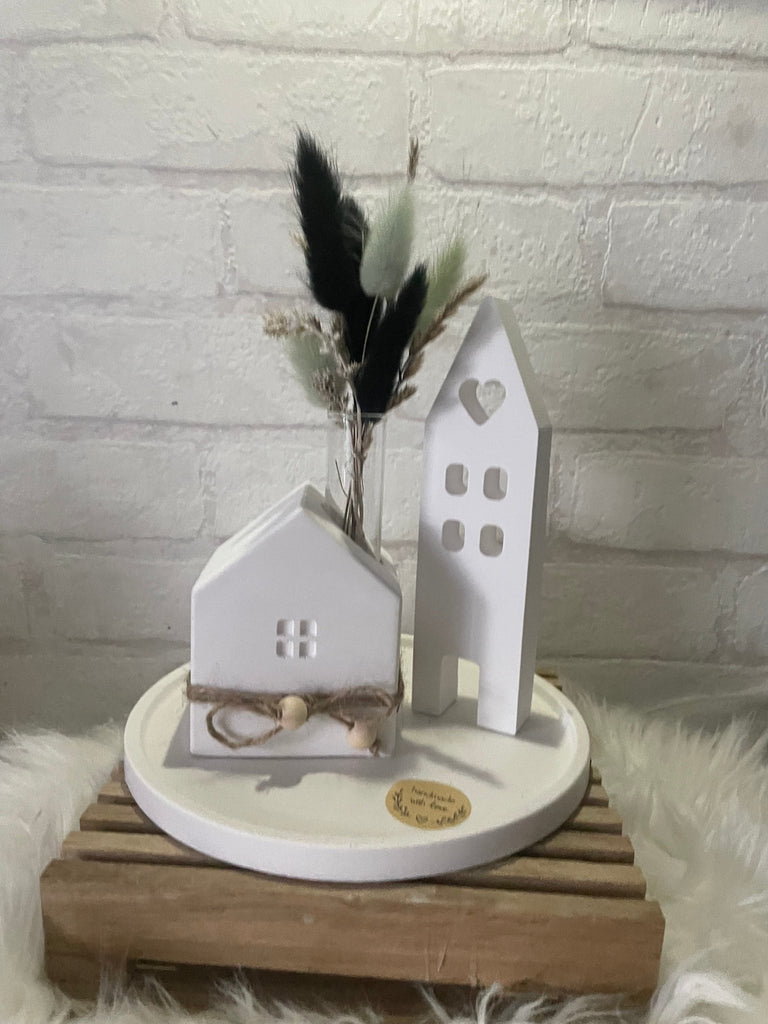 Deko Häuser - Set aus Keraflott mit Trockenblumen – Skandi Stil Handarbeit - KB Socken