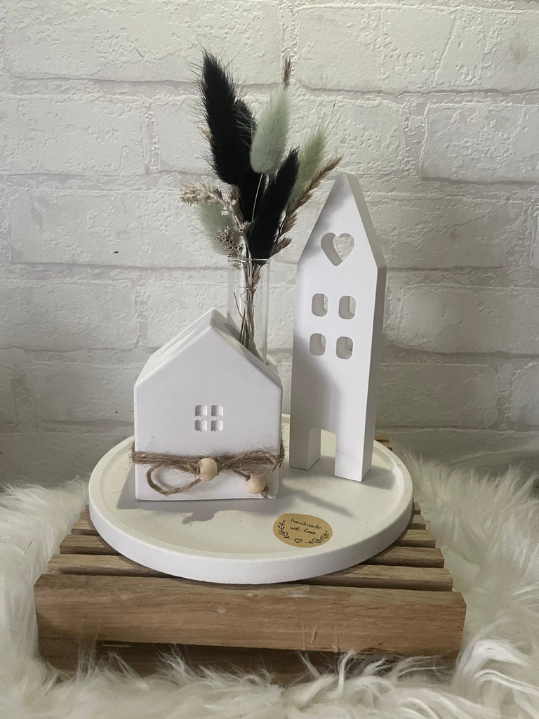 Deko Häuser - Set aus Keraflott mit Trockenblumen – Skandi Stil Handarbeit - KB Socken