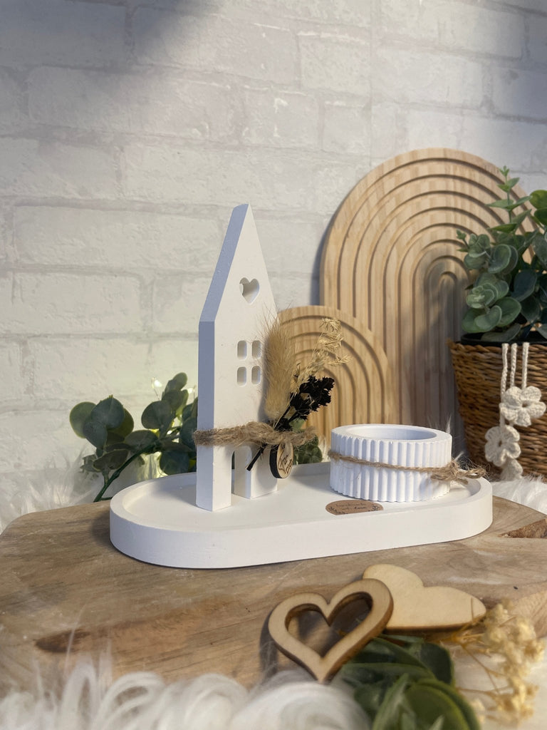 Deko - Set „Haus mit Herz“ – Keraflott, Trockenblumen & Teelichthalter - KB Socken