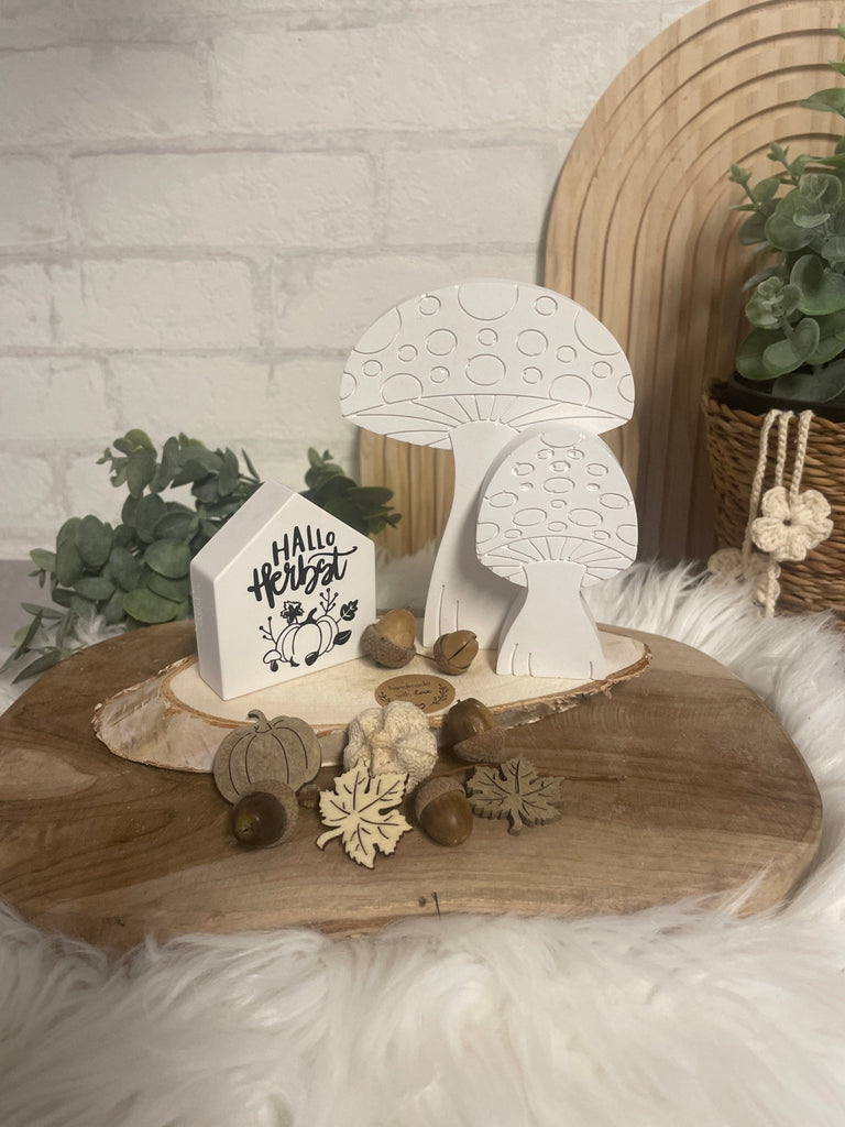 Herbstdeko Set Holz – Pilze, Kürbisse & "Hallo Herbst" Haus - KB Socken