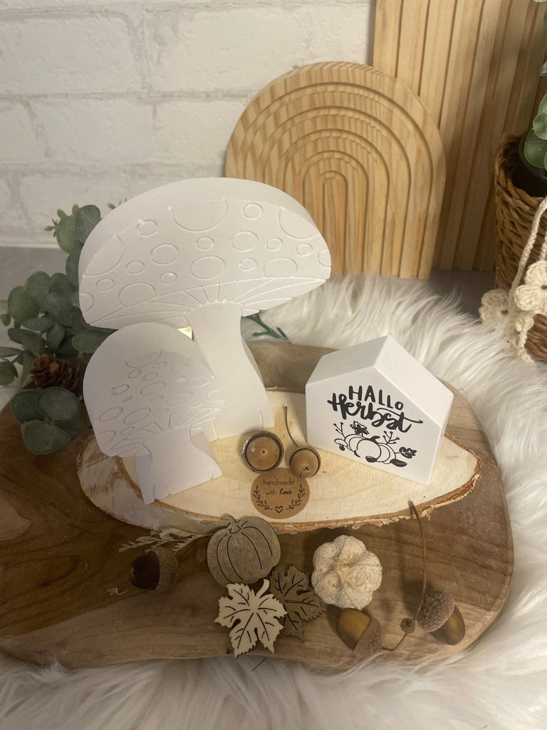 Herbstdeko Set Holz – Pilze, Kürbisse & "Hallo Herbst" Haus - KB Socken