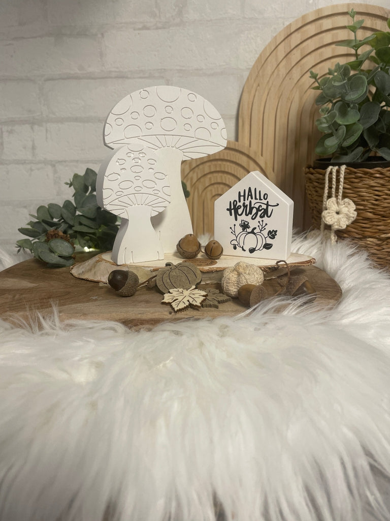 Herbstdeko Set Holz – Pilze, Kürbisse & "Hallo Herbst" Haus - KB Socken