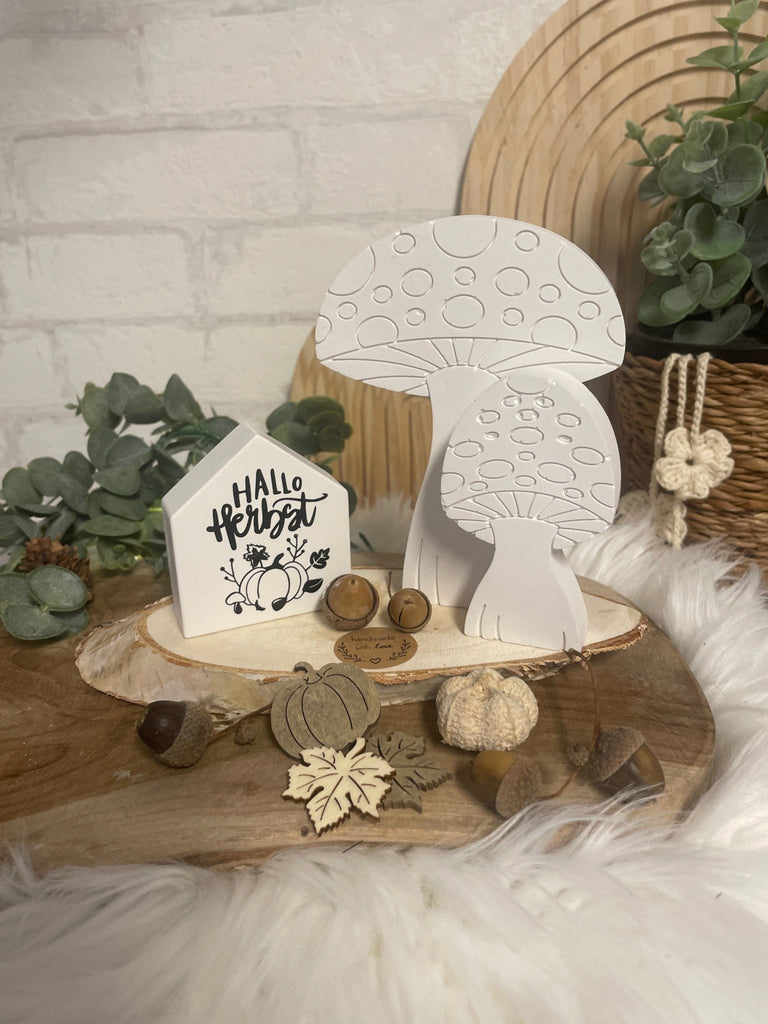 Herbstdeko Set Holz – Pilze, Kürbisse & "Hallo Herbst" Haus - KB Socken