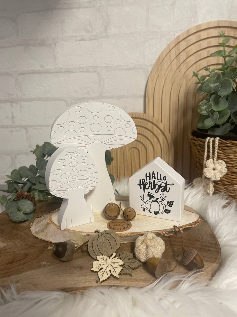 Herbstdeko Set Holz – Pilze, Kürbisse & "Hallo Herbst" Haus - KB Socken