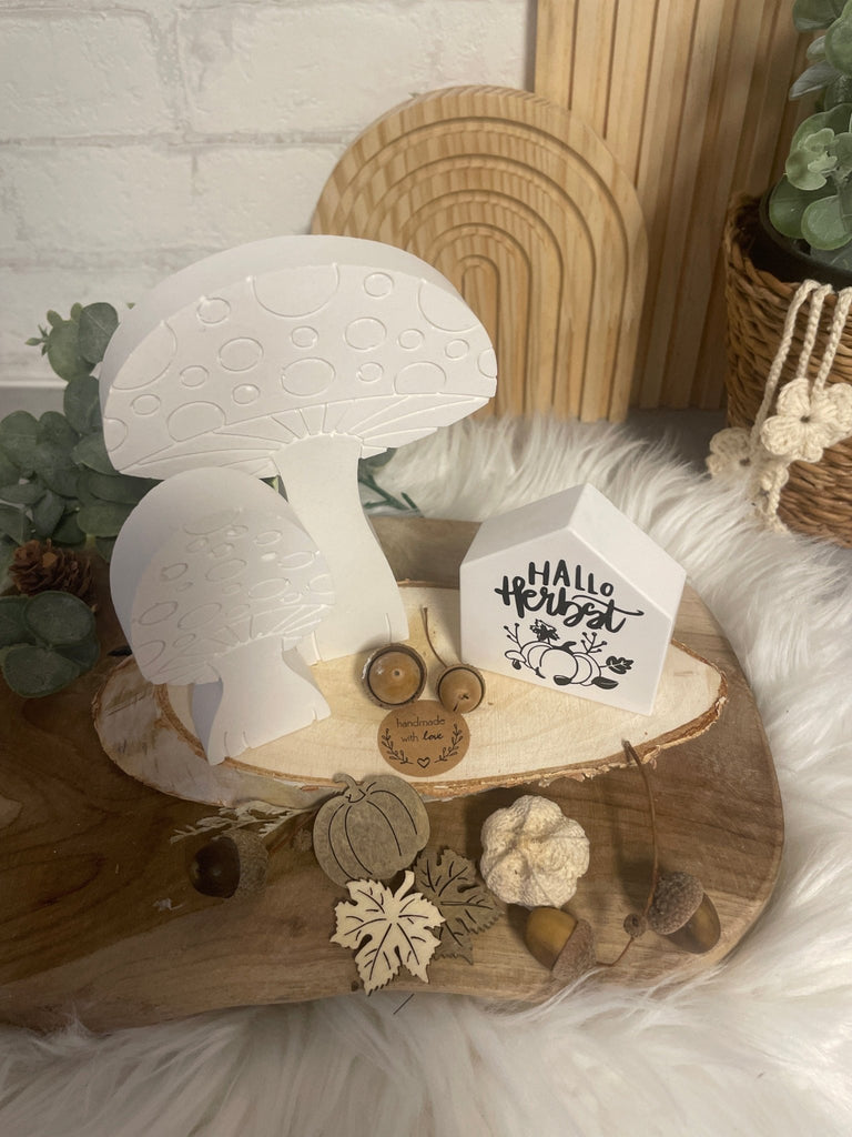 Herbstdeko Set Holz – Pilze, Kürbisse & "Hallo Herbst" Haus - KB Socken