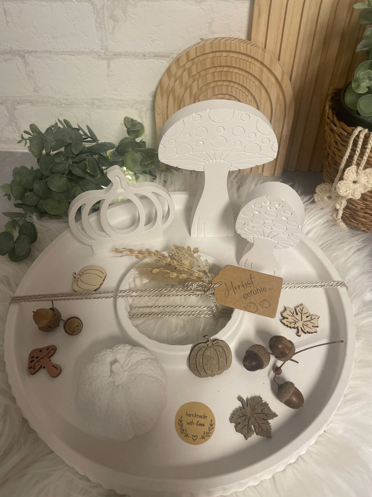 Herbstliches Deko - Tablett in Weiß – Kürbisse, Pilze & Naturdetails - KB Socken