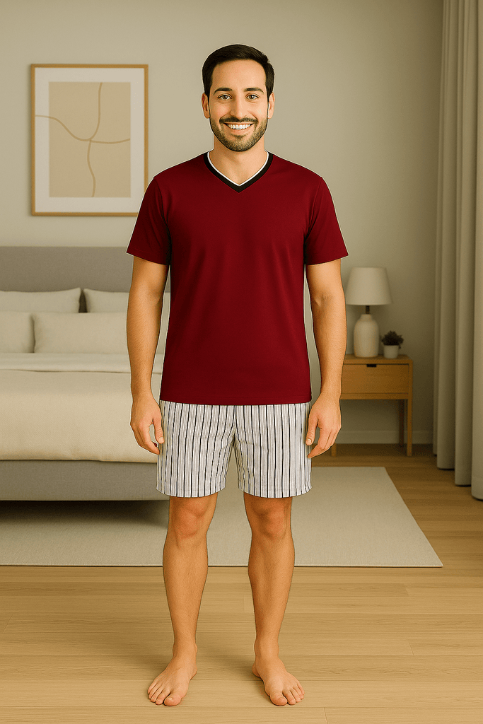 Herren Kurzarm Schlafanzug Set – Rot/gestreift, Baumwolle - KB Socken