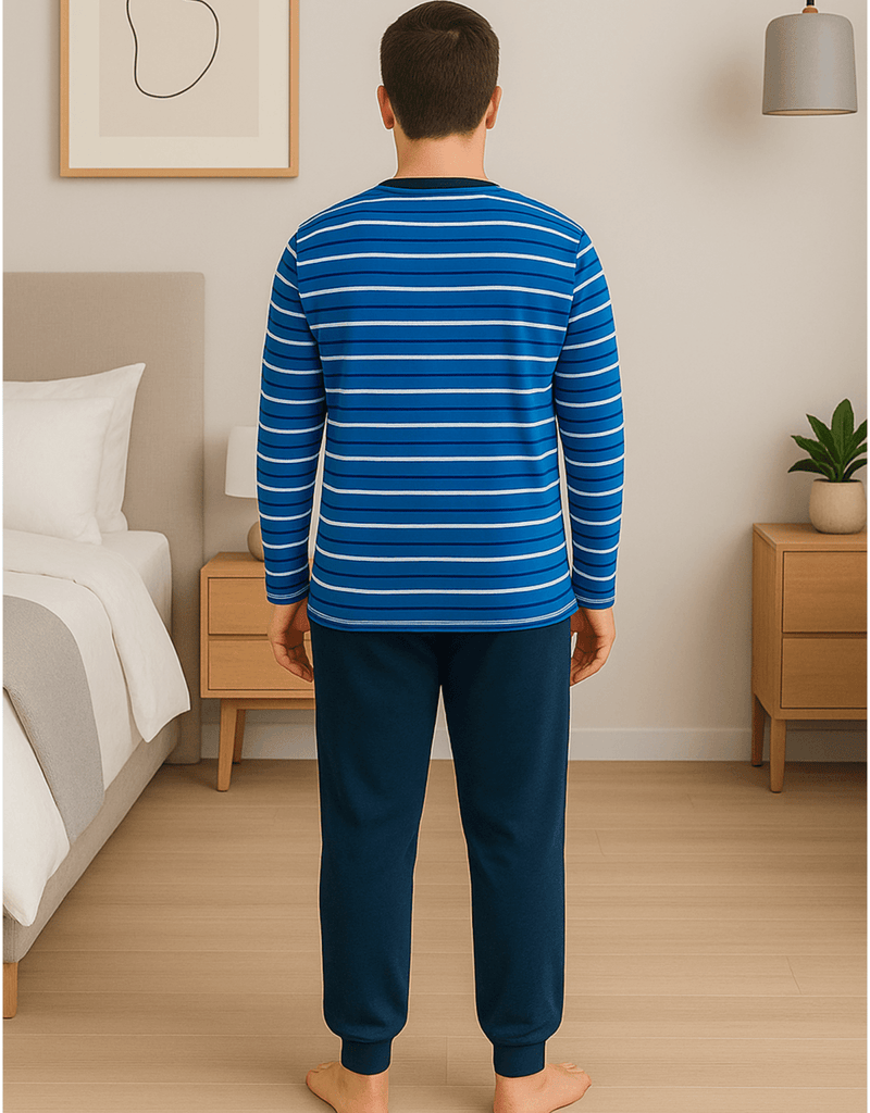Herren Schlafanzug Blau – Streifen Pyjama aus Baumwolle, bequem & modern - KB Socken