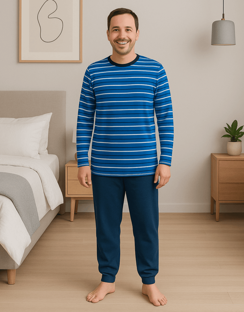 Herren Schlafanzug Blau – Streifen Pyjama aus Baumwolle, bequem & modern - KB Socken