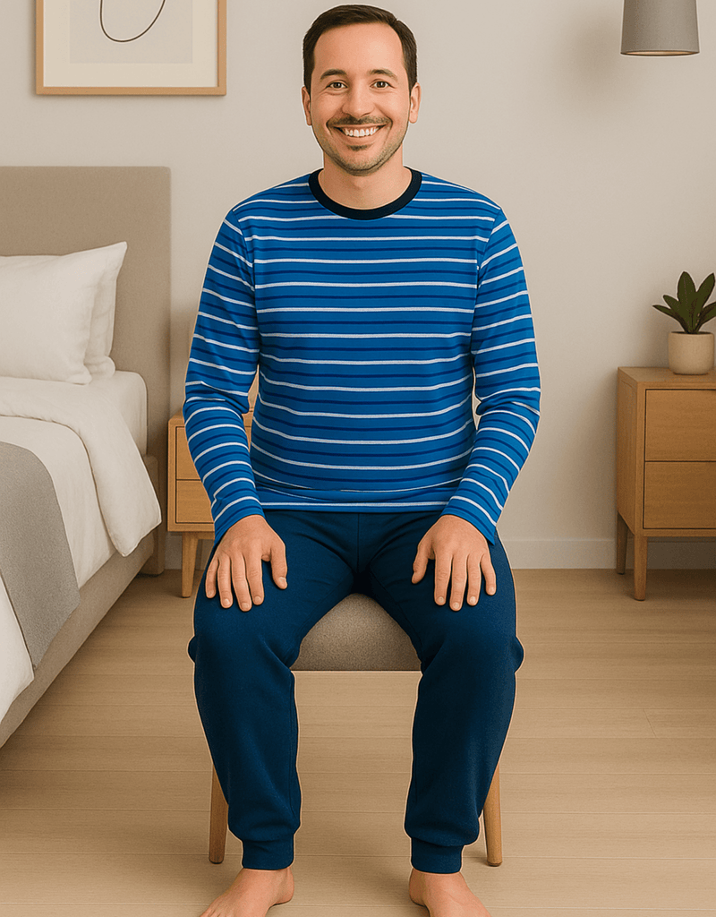 Herren Schlafanzug Blau – Streifen Pyjama aus Baumwolle, bequem & modern - KB Socken