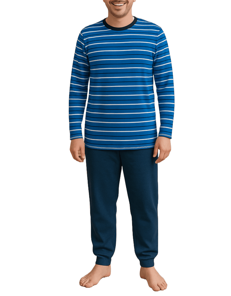 Herren Schlafanzug Blau – Streifen Pyjama aus Baumwolle, bequem & modern - KB Socken