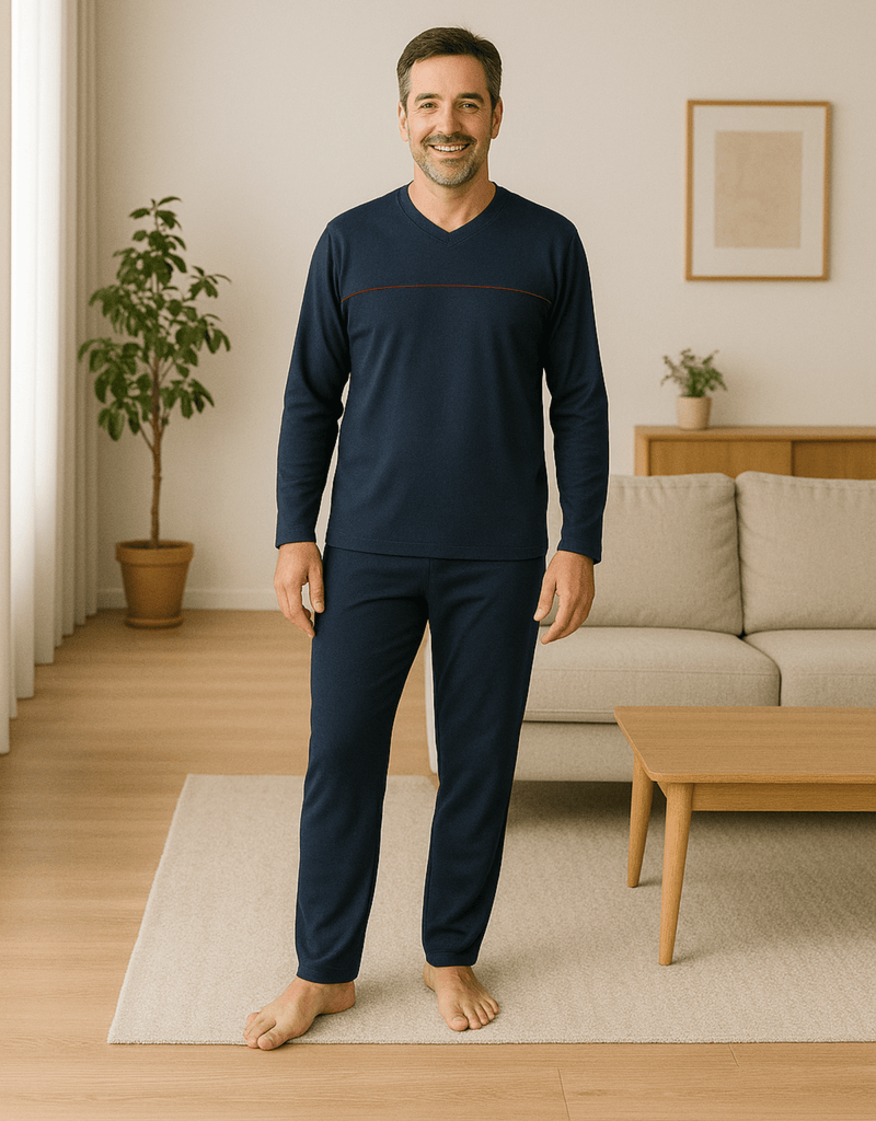 Herren Schlafanzug Dunkelblau mit roten Streifen & schwarzer Hose - KB Socken