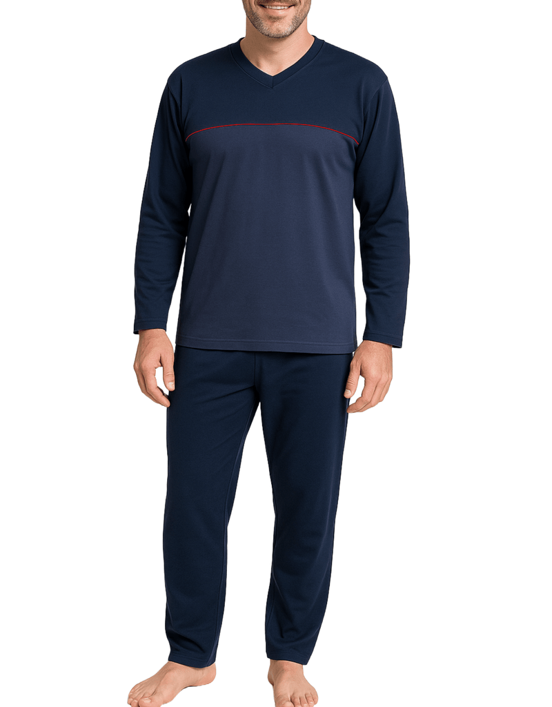 Herren Schlafanzug Dunkelblau mit roten Streifen & schwarzer Hose - KB Socken