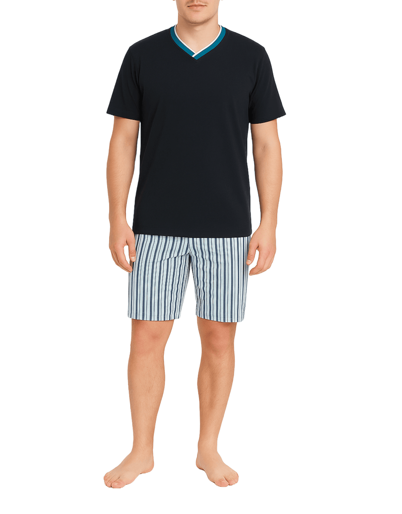 Herren Schlafanzug kurz – Baumwolle, Dunkelblau mit gestreifter Shorts - KB Socken