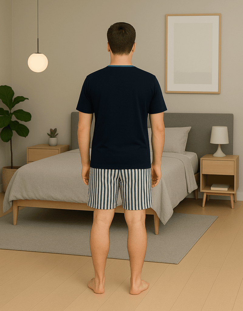 Herren Schlafanzug kurz – Baumwolle, Dunkelblau mit gestreifter Shorts - KB Socken
