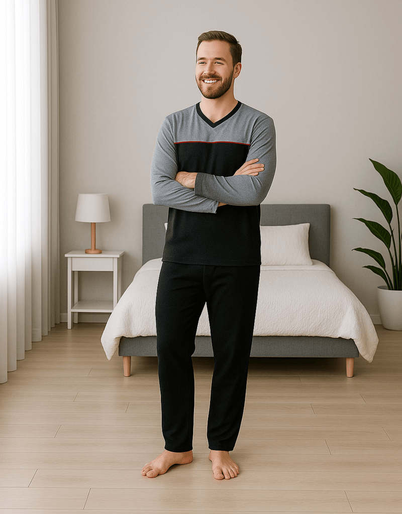 Herren Schlafanzug lang – 100 % Baumwolle, bequem & sportlich (Modell Aviano grau) - KB Socken