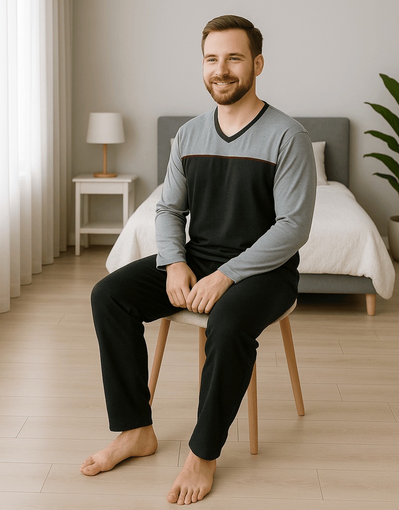 Herren Schlafanzug lang – 100 % Baumwolle, bequem & sportlich (Modell Aviano grau) - KB Socken