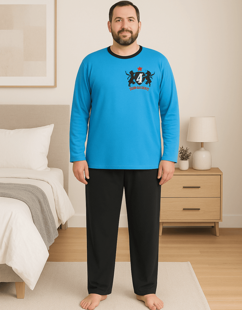 Herren Schlafanzug lang hellblau in Übergrößen – 100 % Baumwolle | KB Socken - KB Socken