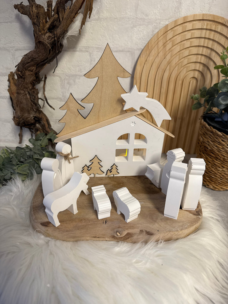 KB Deko Krippenstall mit Figuren aus Keraflott und Birkenholz, Weihnachtskrippe, Moderne Krippe, minimalistisch,   Skandinavische Weihnachtdeko