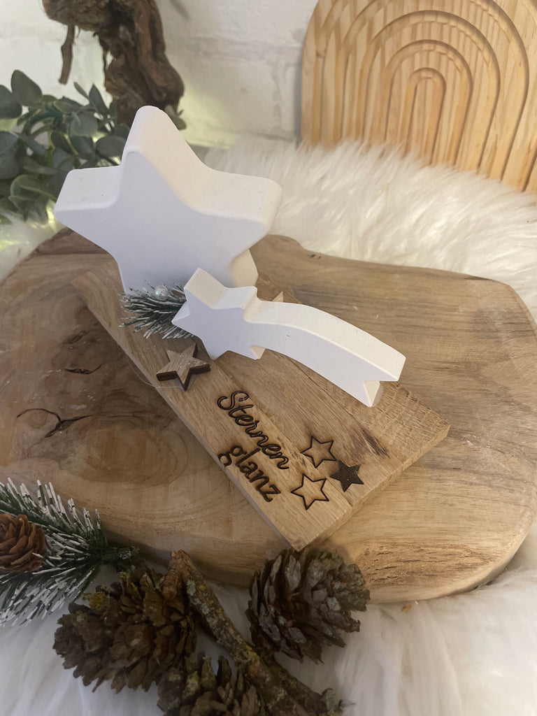 KB Deko Weihnachtsstern mit Sternschnuppe aus Keraflott auf Holztablett, Personalisiert, Weihnachtsdeko, Deko Weihnachten, Boho Deko