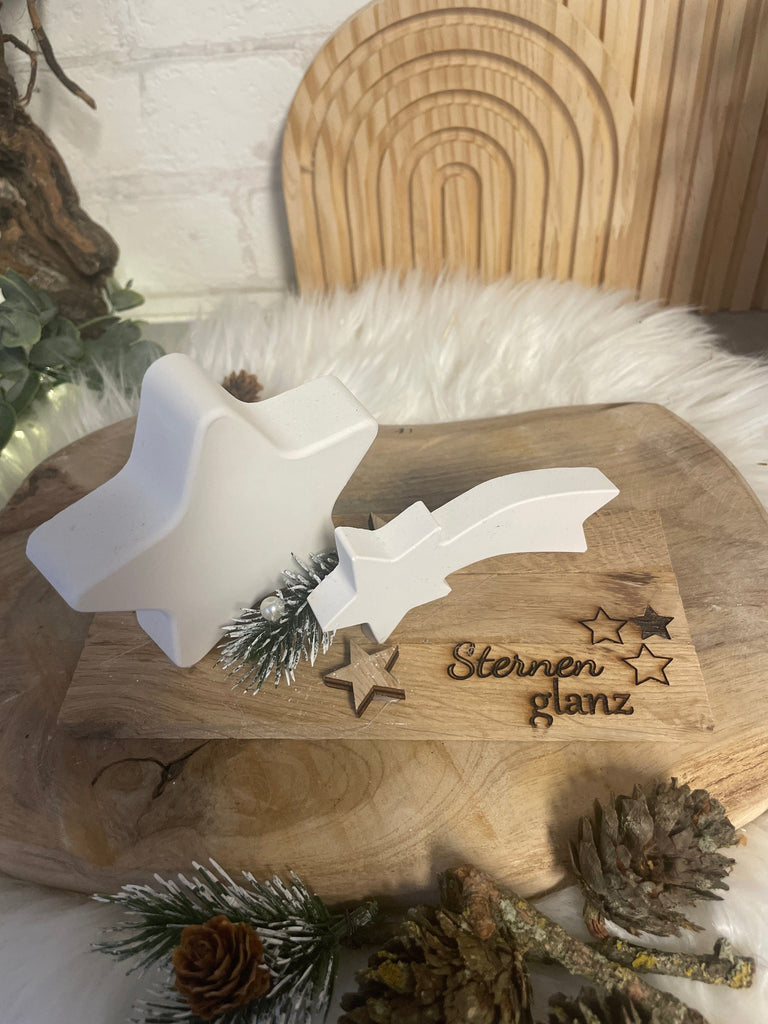 KB Deko Weihnachtsstern mit Sternschnuppe aus Keraflott auf Holztablett, Personalisiert, Weihnachtsdeko, Deko Weihnachten, Boho Deko