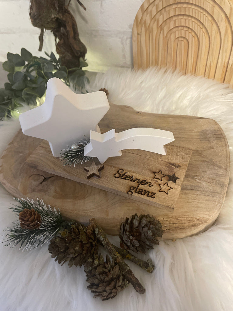 KB Deko Weihnachtsstern mit Sternschnuppe aus Keraflott auf Holztablett, Personalisiert, Weihnachtsdeko, Deko Weihnachten, Boho Deko