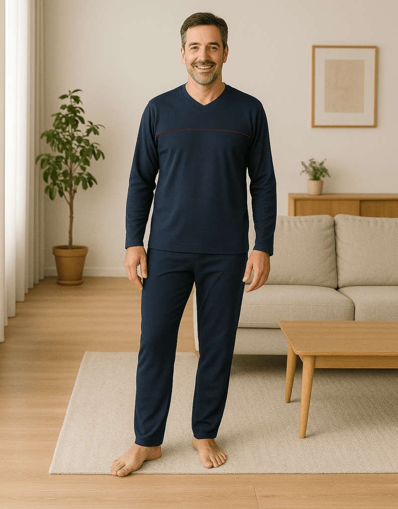 Eleganter Herren Pyjama – dunkelblaues Langarmshirt mit roter Ziernaht und passender Hose, idealer Schlafanzug für Alltag und Freizeit