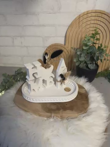 „Raysin Tablett mit Perlenrand, Herz und Schriftzug Home – stilvolle weiße Handmade Deko für Wohnzimmer oder Tisch“