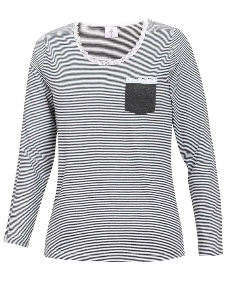 Damen Schlafanzug langarm – Streifen Oberteil & einfarbige Hose, bequem & weich - KB Socken