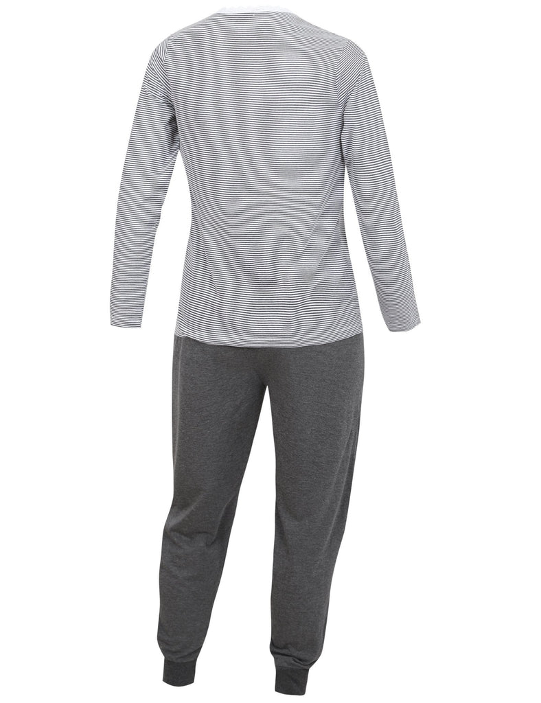 Damen Schlafanzug langarm – Streifen Oberteil & einfarbige Hose, bequem & weich - KB Socken