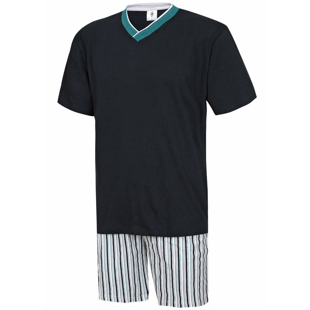 Herren Schlafanzug kurz – Baumwolle, Dunkelblau mit gestreifter Shorts - KB Socken